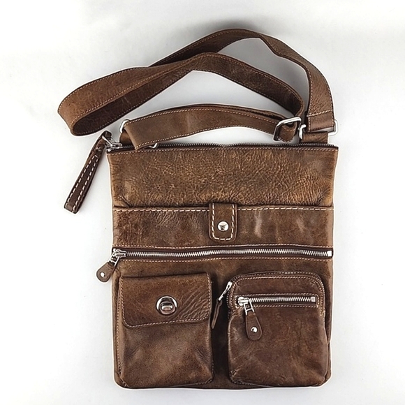 ROOTS Tan Leather Vintage Crossbody Bag Purse Multi Pockets Adjustable Strap - Picture 2 of 16